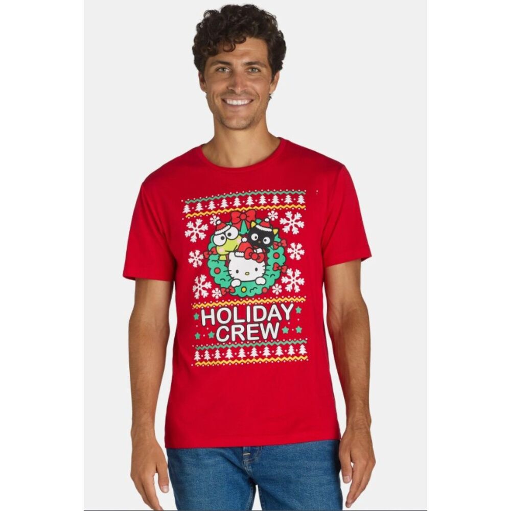NEW NWT  Mens Sz Medium Red Christmas Holiday HELLO KITTY Short Sleeve Tee Shirt